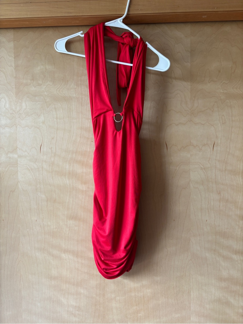 Red Halter-Style Women’s Dress with Ring Detail